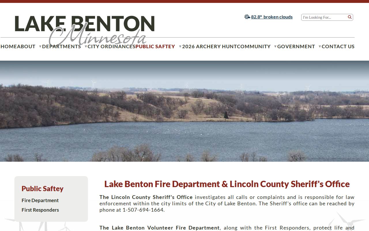 Lake Benton public safety page describing Lincoln County Sheriff responsibility